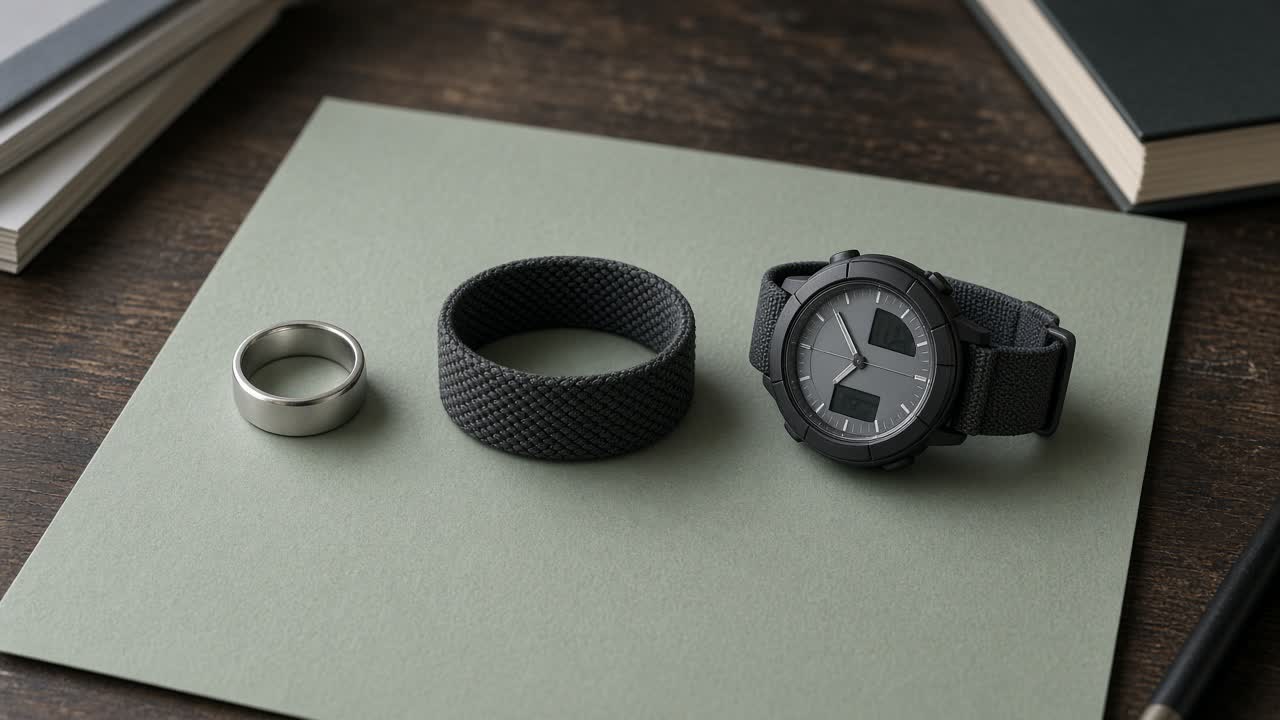 A titanium ring, a woven screenless band, and a round watch on a dark desk