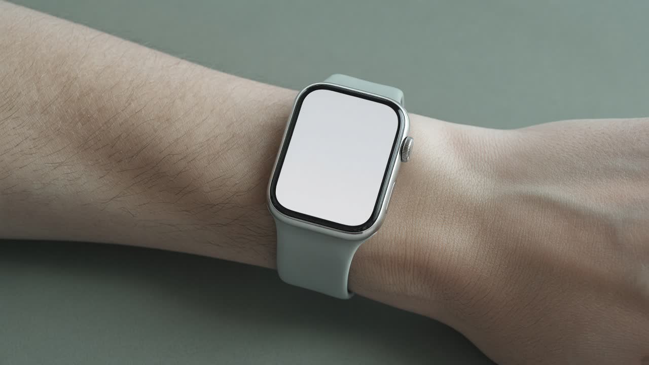 A rectangular silver smartwatch on a wrist, screen on, with a crown and a side button