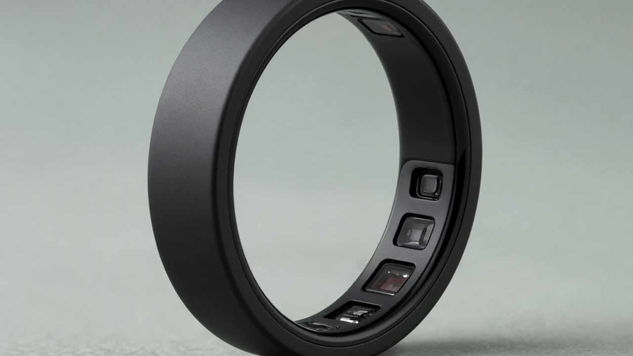 A hand wearing a matte black smart ring