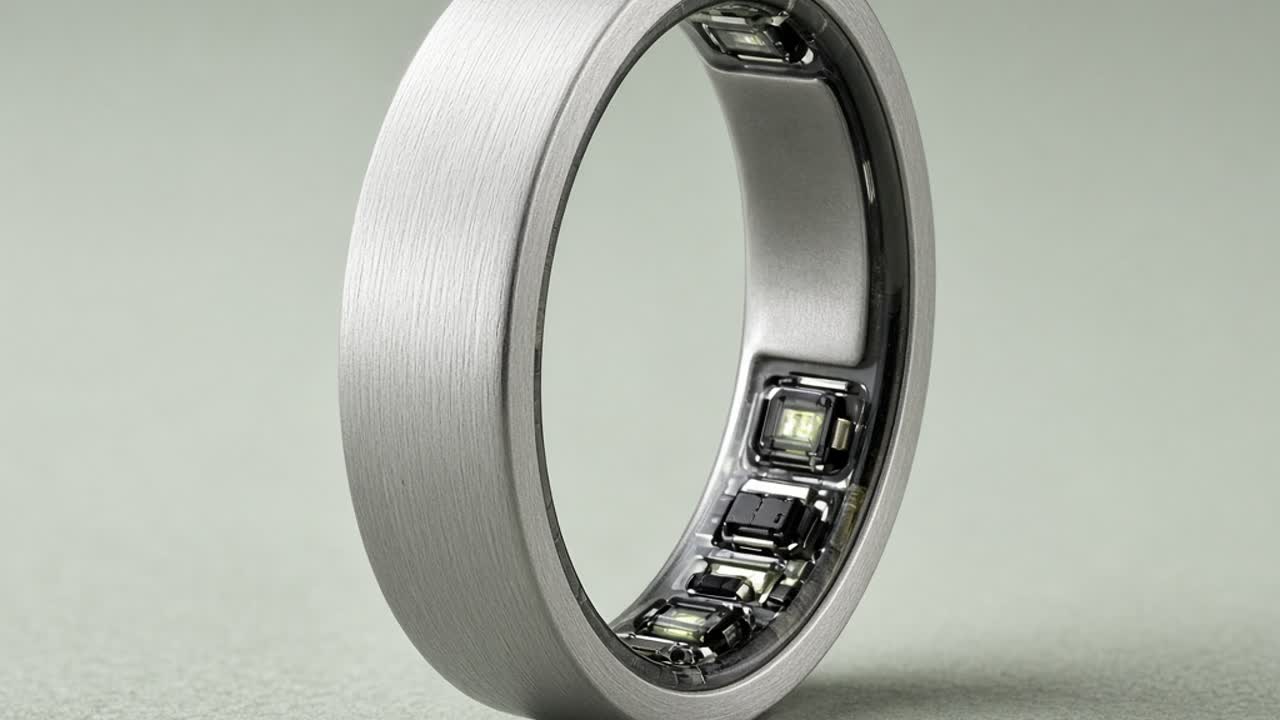 A hand wearing a brushed gunmetal smart ring with a row of small dots