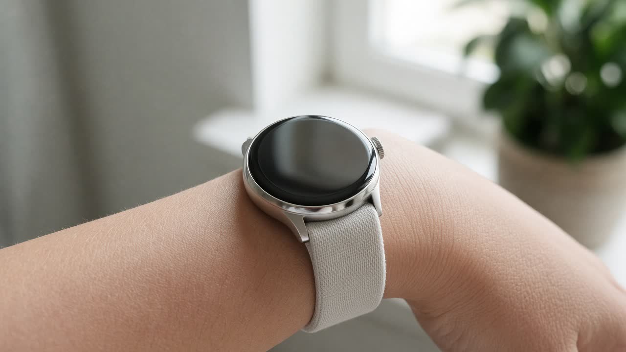 A small domed round smartwatch on a wrist, with a single crown and a light band