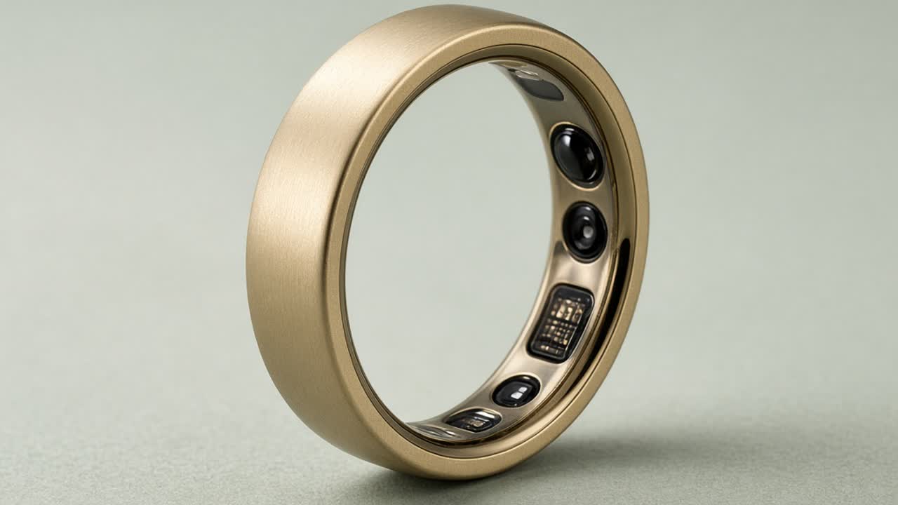 A hand wearing a thin gold smart ring