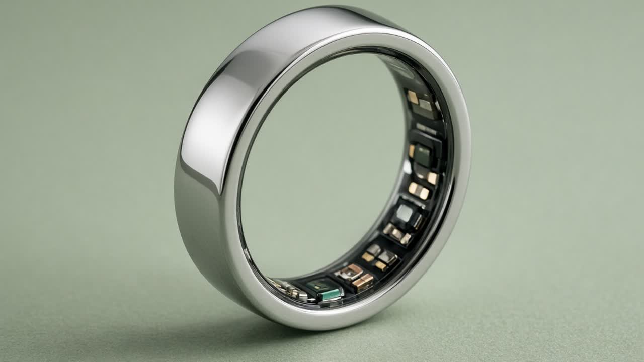 A hand wearing a wide flat brushed-titanium smart ring