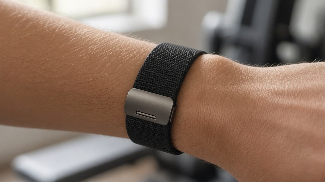 A wrist wearing a black woven band with a metal clasp and no screen