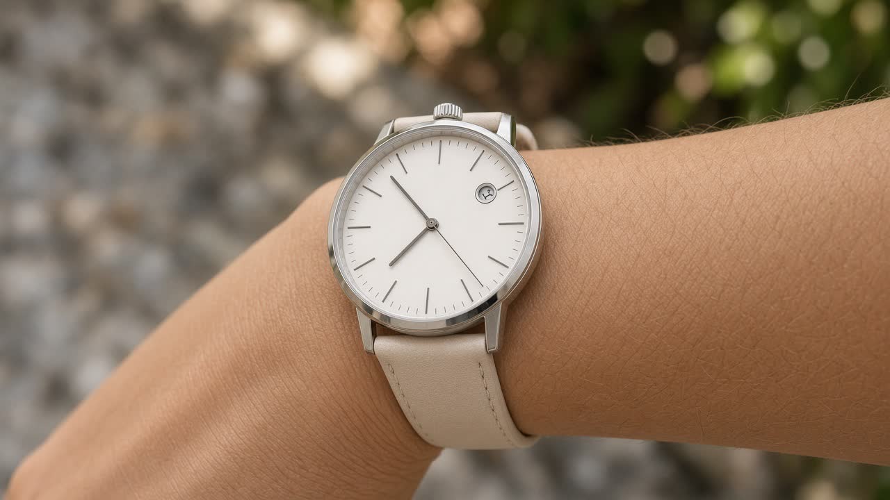 A hybrid watch on a wrist, analog hands and a small heartbeat window in the dial